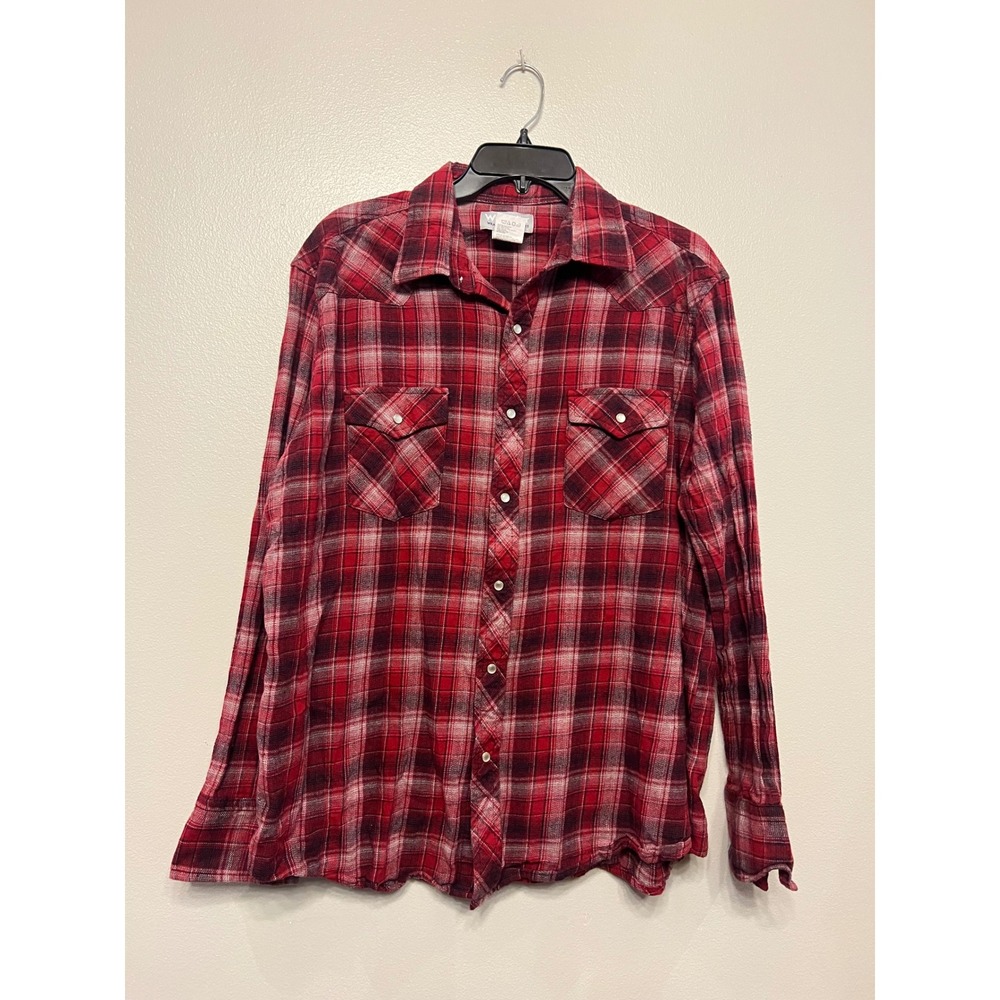 Wrangler Wrancher Womens XL Red Plaid Western Snap Flannel Shirt Cowgirl Rodeo